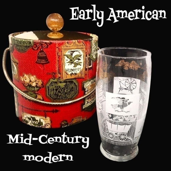 Vintage early American colonial eagle pattern ice bucket & 1 glass - Picture 1 of 10